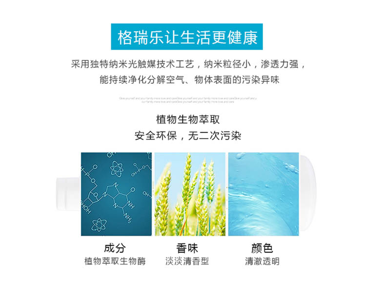 格瑞乐采用独特纳米光触媒技术工艺,持续净化分解空气及物体表面的污染异味。