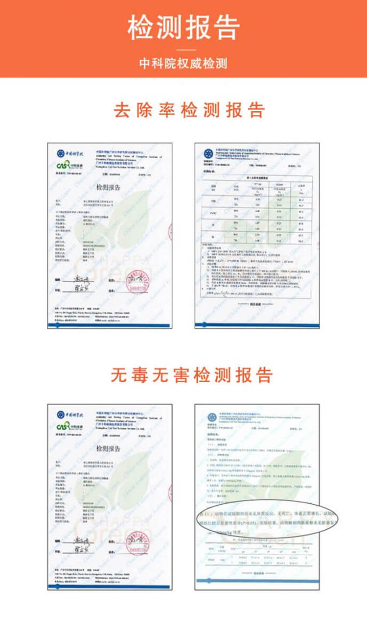 绿快光催化强力油漆除味剂 3.0经多个权威机构去除率检测报告